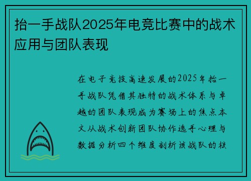 抬一手战队2025年电竞比赛中的战术应用与团队表现