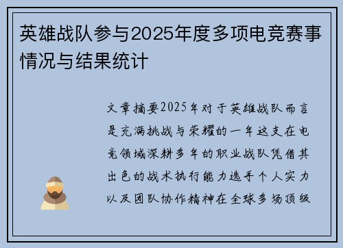 英雄战队参与2025年度多项电竞赛事情况与结果统计
