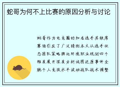 蛇哥为何不上比赛的原因分析与讨论